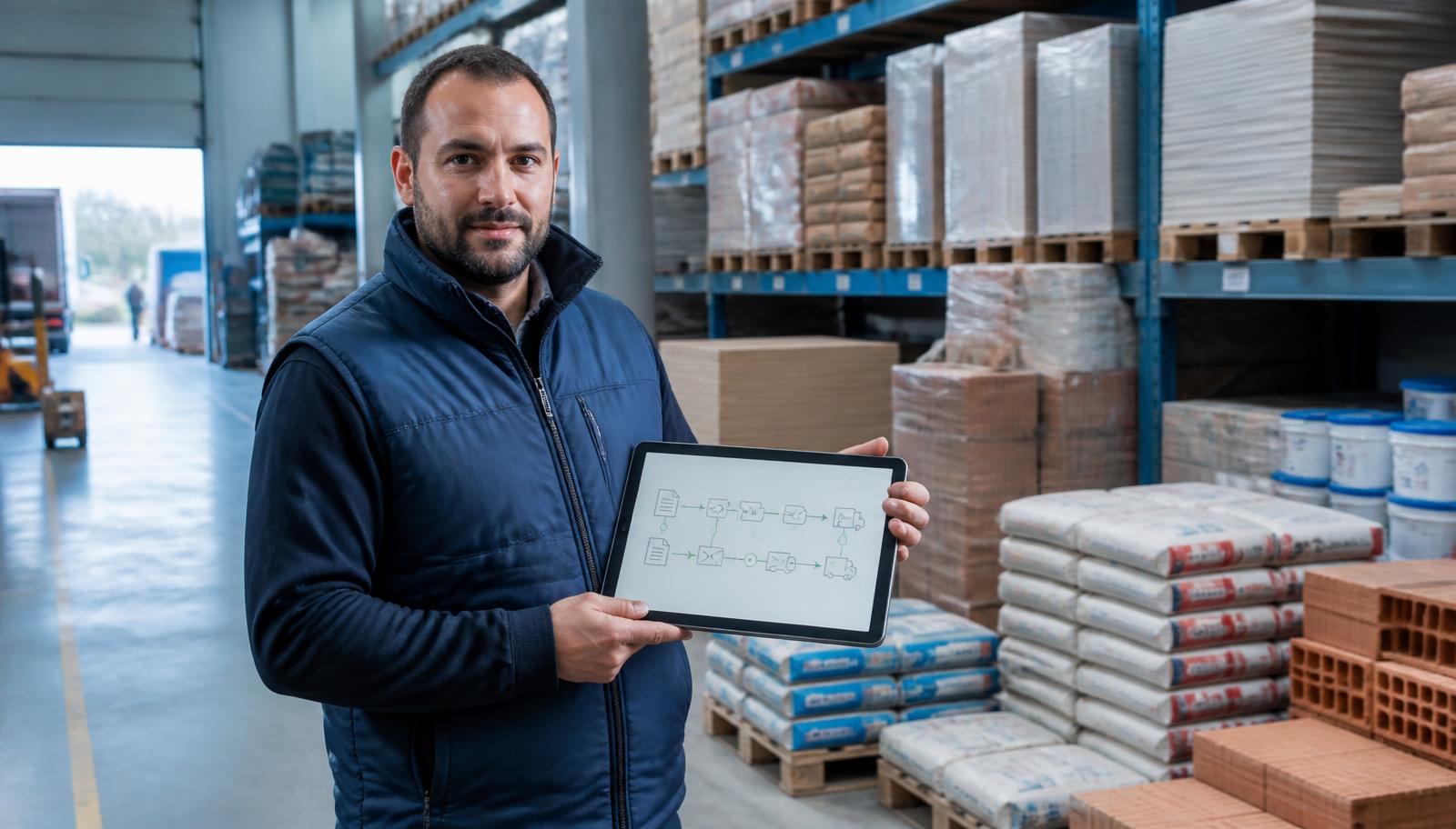 Coordonator logistic într-un depozit de materiale de construcții, cu o tabletă care afișează fluxul de documente EDI către retailer