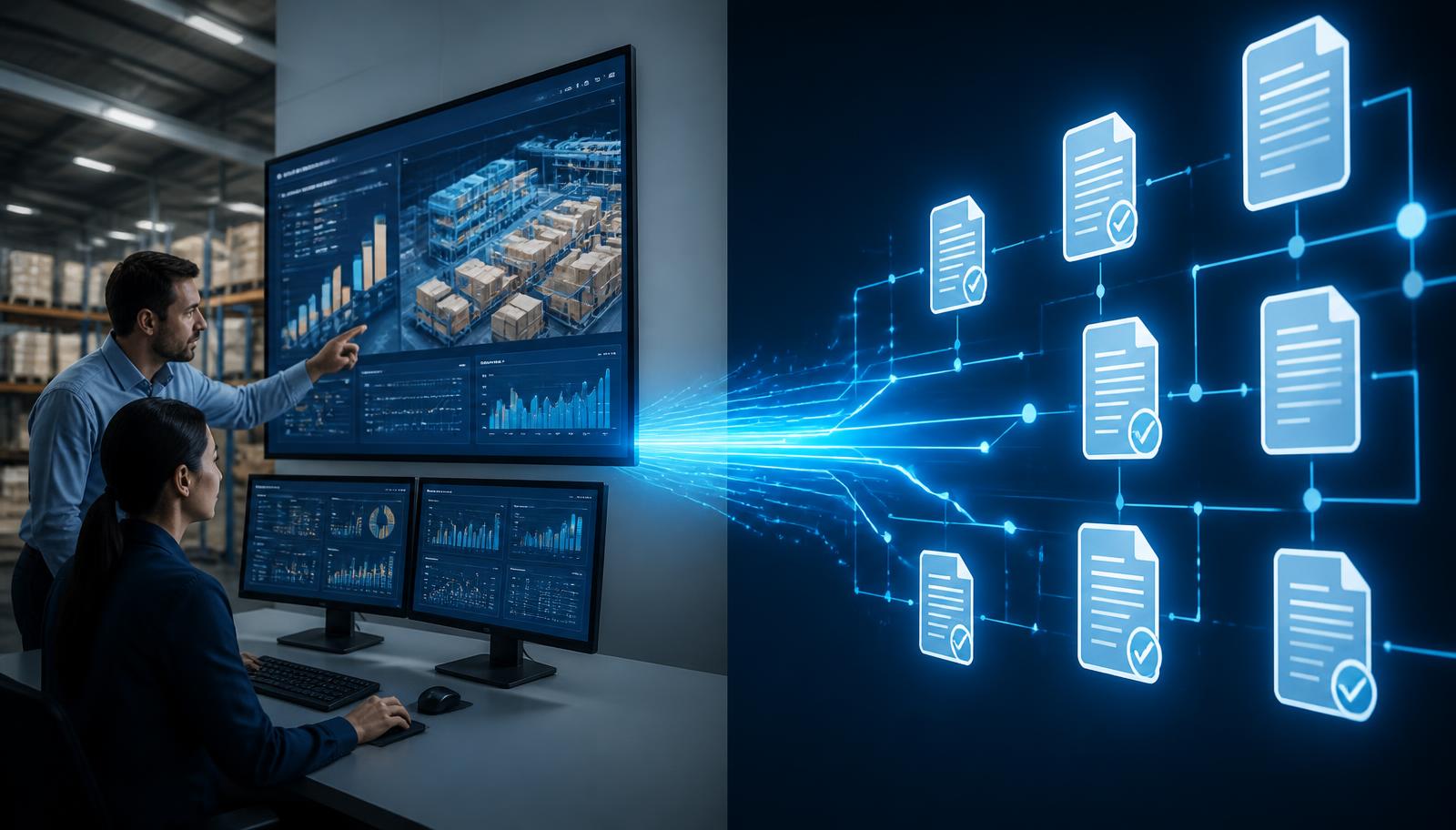 Ecran ERP cu date de stoc și comenzi conectat printr-un flux de documente electronice standardizate către partenerii comerciali